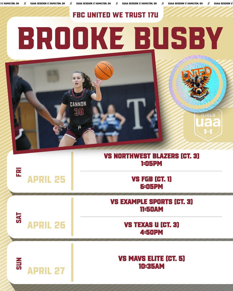 Brooke Busby (@brookebusby2027) on Twitter photo Big weekend ahead! GUAA Session 1 in Ohio! Catch us in action β FBC United We Trust 17U. Schedule below.
<a href="/SheIsCoachAsh/">Ashley Rivens</a>
<a href="/FBCMotton/">FBC Mo</a>
<a href="/Cannon_GBB/">π Cannon School Girls Basketball π</a>
<a href="/Look_itsCoachD/">Kelvin Drakeford</a> Big weekend ahead! GUAA Session 1 in Ohio! Catch us in action β FBC United We Trust 17U. Schedule below.
<a href="/SheIsCoachAsh/">Ashley Rivens</a>
<a href="/FBCMotton/">FBC Mo</a>
<a href="/Cannon_GBB/">π Cannon School Girls Basketball π</a>
<a href="/Look_itsCoachD/">Kelvin Drakeford</a>