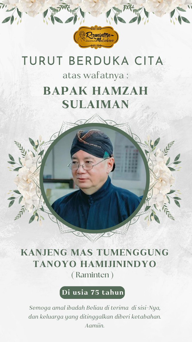 JogjaUpdate's tweet photo. Hamzah Sulaiman atau biasa dikenal dengan Raminten yang merupakan tokoh ikonik asal Jogja telah berpulang pada Rabu Malam (23/4) di usia 75 tahun. https://t.co/xmXhY4PPGz