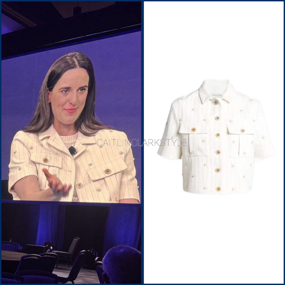 caitlinclarksty's tweet photo. April 23, 2025: @CaitlinClark22 at Axon Week | Phoenix, Arizona | wearing #GoldenGoose Aged white jacket in pinstripe cotton with all-over floral embroidery. Shop: $675 (On sale) https://t.co/C72riRFppR #GGPartner 

CC in Golden Goose for the corporate scene. Pearls, sleeves, structured.