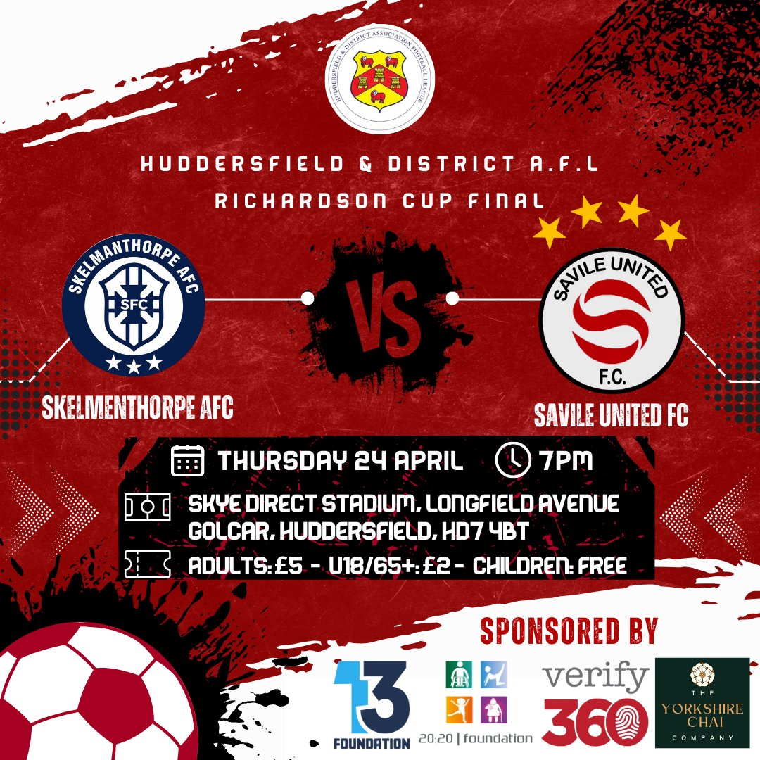 Our final game of the season tonight and it's a big one!

🏆 HDAFL Richardson Cup Final
⚽️ Skelmenthorpe AFC A v Savile United
⏰️ 7PM K.O
🏟 Skye Direct Stadium, HD7 4BT
🎫 Adults: £5 | U18/65+: £2 | Children: Free

All support is hugely appreciated 🙌🏾 C'mon Savile!

#SUFC🇮🇩🇵🇸