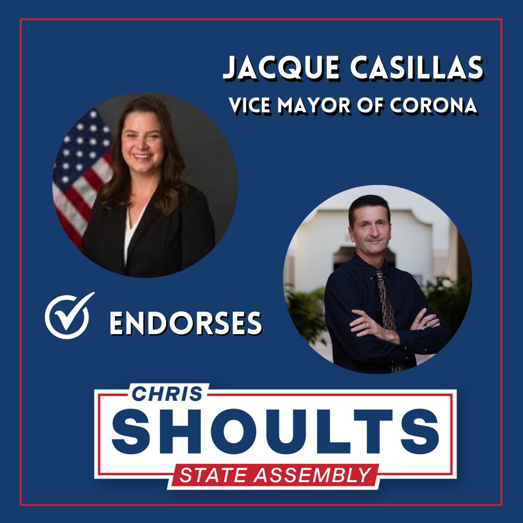 Shoults4AD63's tweet photo. I'm proud to be endorsed by local leaders, such as Vice Mayor of Corona Jacque Casillas, that deliver results for their constituents. I'm looking forward to working hard in Sacramento to make sure Vice Mayor Casillas and the entire governing body in Corona have the resources they need.
#specialelection2025 #shoults4assembly