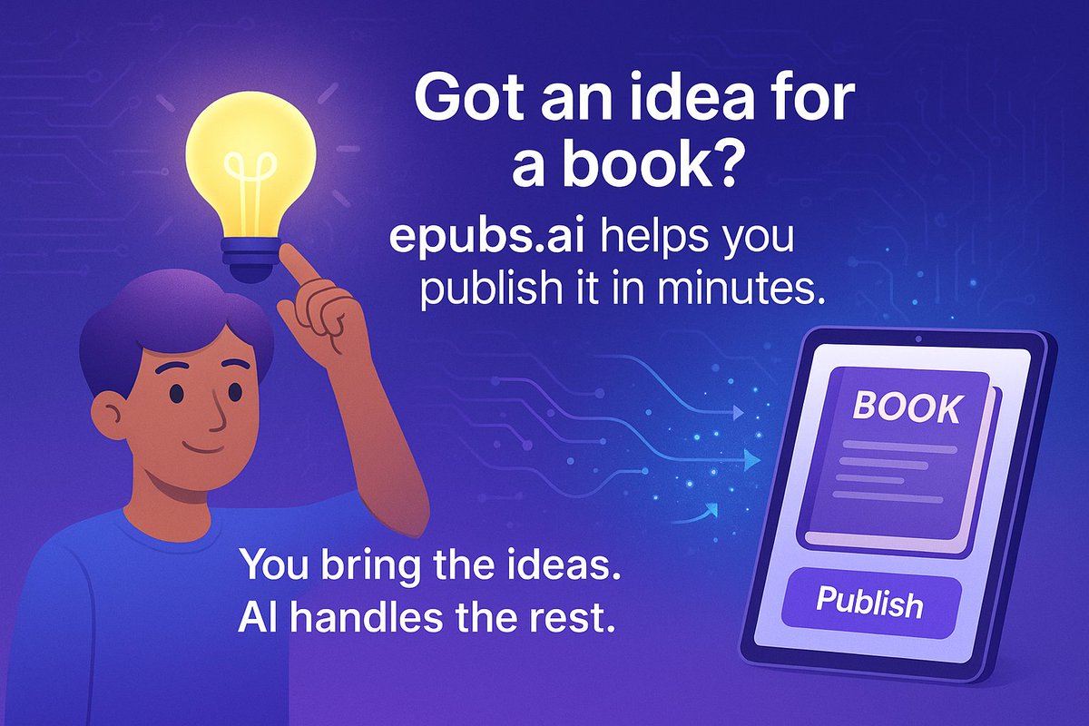 epubsAI's tweet image. Got an idea for a book?  
With epubs.ai, you can publish it in minutes. 
You bring the ideas, AI takes care of the details. 

  #writerslife #ebook #writegoal