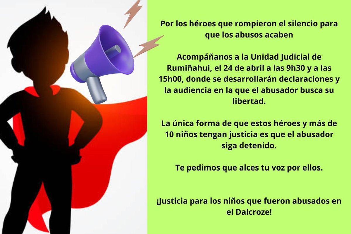 sybelmartinez's tweet photo. 🔴 🔊ATENCIÓN: Mañana a las 15h30 en la Unidad Judicial de #Rumiñahui se llevarán a cabo la audiencia de revisión de medidas del agresor sexual de los  niños del Colegio Dalcroze. 

Se alerta a la ciudadanía que este ofensor sexual puede quedar libre y darse a la fuga. 

 Apoyemos y acompañemos a los niños y sus familias en su lucha por justicia!  #EscuelasSinAbuso
@FiscaliaEcuador @CJudicaturaEc @Educacion_Ec