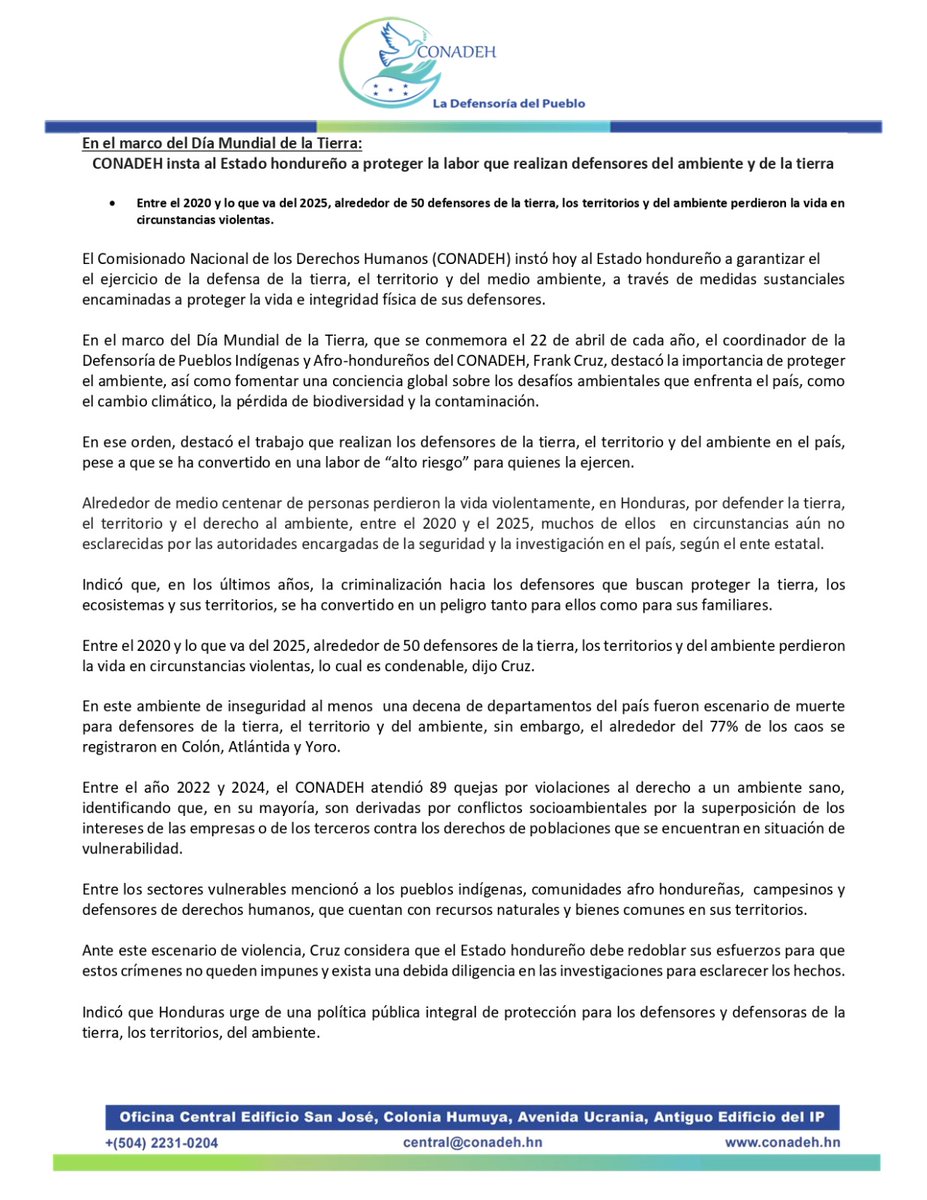 CINDH_org's tweet image. 🌍 En el marco del Día Mundial de la Madre Tierra
#CONADEH insta al Estado hondureño a proteger la labor que realizan defensores del ambiente y de la tierra