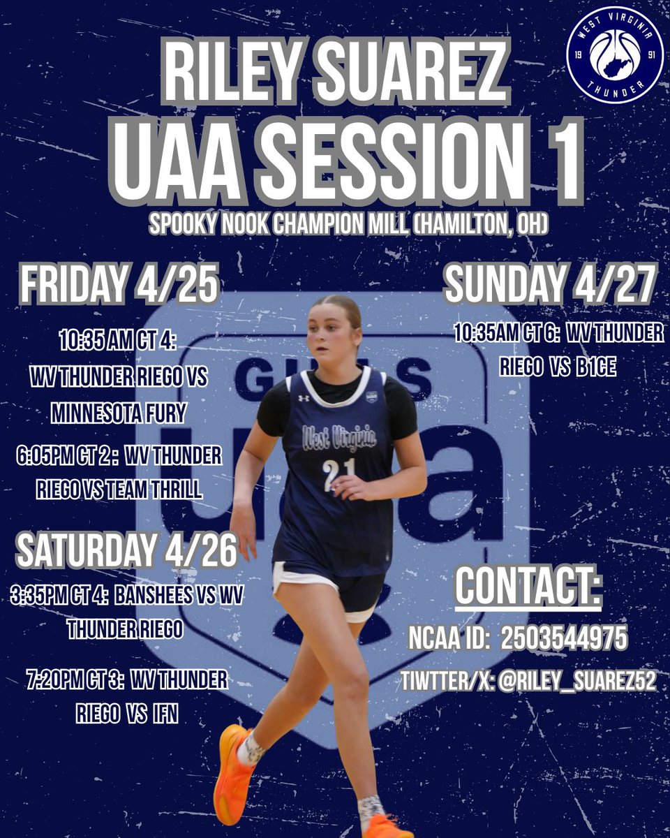 <a href="/WVaThunderRiego/">West Virginia Thunder Riego</a>  15 UAA schedule for UAA Session 1 in Hamilton OH this weekend.  Excited to get back on the court with my team. Great group of ladies and ballers💪🏼💪🏼 

<a href="/WVThunderUAA/">West Virginia Thunder UAA</a> <a href="/dannyriego/">Danny Riego</a> <a href="/Bella_Ramsey3/">Bella Ramsey</a> <a href="/AriannaRowell/">Arianna Rowell</a> <a href="/wood_zoey5/">Zoey Wood</a> <a href="/Zoepeyton28/">Zo’e Peyton</a> <a href="/ZionHunt28/">Zion Hunt</a> <a href="/Cwiggins31/">Caroline Wiggins</a>