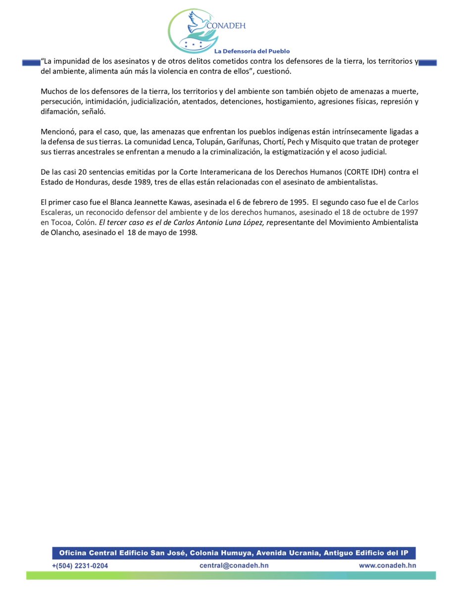 CINDH_org's tweet image. 🌍 En el marco del Día Mundial de la Madre Tierra
#CONADEH insta al Estado hondureño a proteger la labor que realizan defensores del ambiente y de la tierra