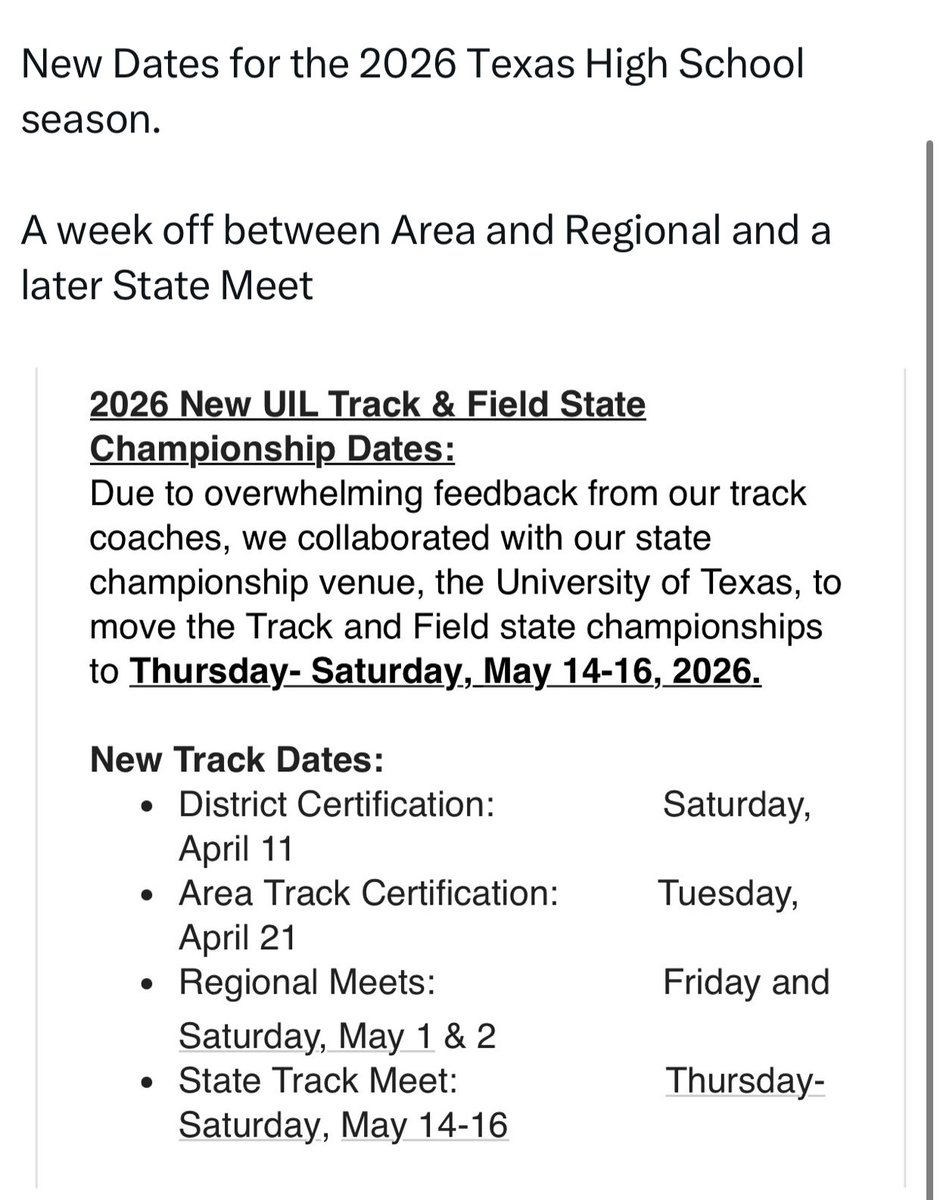 TTFCA (@ttfca) on Twitter photo ICYMI: UIL 2026 TF CALENDAR 😁
<a href="/AngryHalfMiler/">Coach SWERV M.Ed. R.A.A</a> <a href="/TXMileSplit/">Texas MileSplit</a> <a href="/gregwilliams_1/">Greg Williams</a> <a href="/donrandyb/">Randy Bermea</a> <a href="/jrichardsNORTH/">Coach Richards</a> <a href="/talex334/">Coach A</a> <a href="/MikeCunningham/">I ❤️ T&F Coaches!</a> <a href="/uiltexas/">Texas UIL</a> <a href="/coach_edmonson/">Coach Lewis Edmonson M.Ed.</a> ICYMI: UIL 2026 TF CALENDAR 😁
<a href="/AngryHalfMiler/">Coach SWERV M.Ed. R.A.A</a> <a href="/TXMileSplit/">Texas MileSplit</a> <a href="/gregwilliams_1/">Greg Williams</a> <a href="/donrandyb/">Randy Bermea</a> <a href="/jrichardsNORTH/">Coach Richards</a> <a href="/talex334/">Coach A</a> <a href="/MikeCunningham/">I ❤️ T&F Coaches!</a> <a href="/uiltexas/">Texas UIL</a> <a href="/coach_edmonson/">Coach Lewis Edmonson M.Ed.</a>