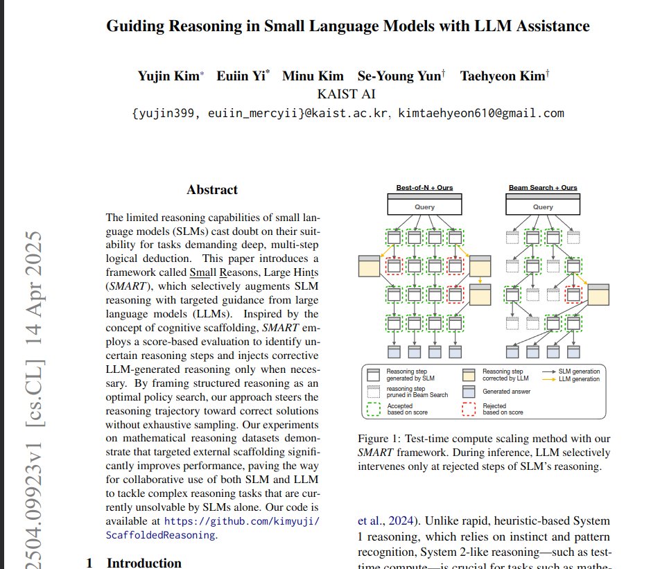 Small language models struggle with complex reasoning tasks where large models excel.

This paper introduces the SMART framework, where a small model performs reasoning but selectively requests corrections from a large model only for steps identified as uncertain via a scoring
