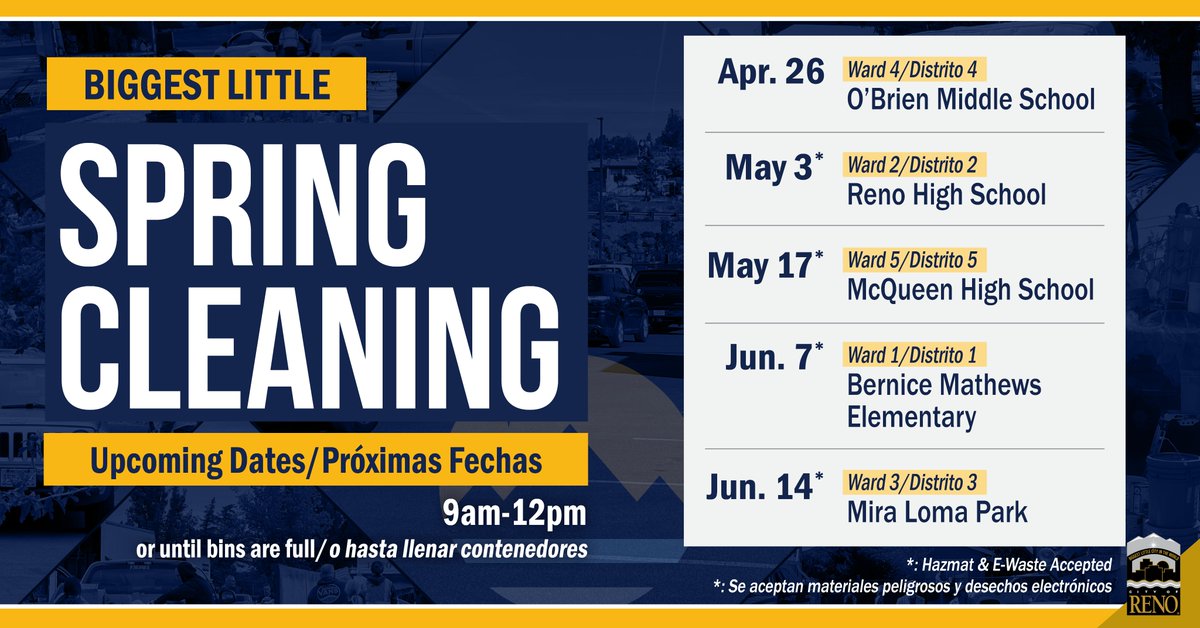 Bring your junk and trash out to O'Brien Middle School this Sat, April 26, beginning at 9am to dispose of it for FREE! We will accept large trash items, debris, and yard waste! *NOTE: Hazardous and e-waste will not be accepted at this event.*

More info: Reno.gov/community/comm…