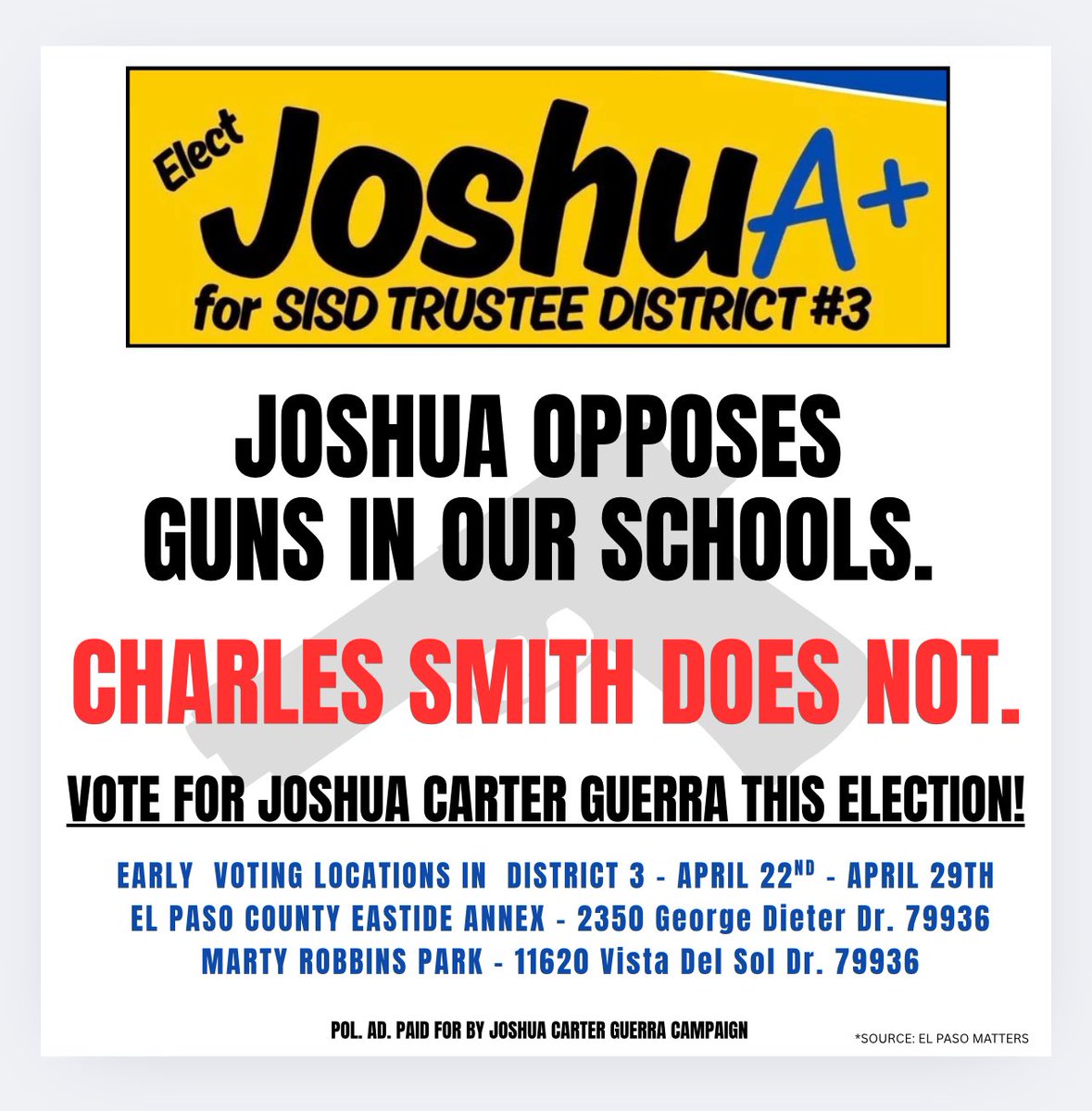 I don’t really understand how someone who supports guns in schools gets the endorsement of local unions. Pero la vida sigue! Make a plan to vote! Local unions, do better. #SISD