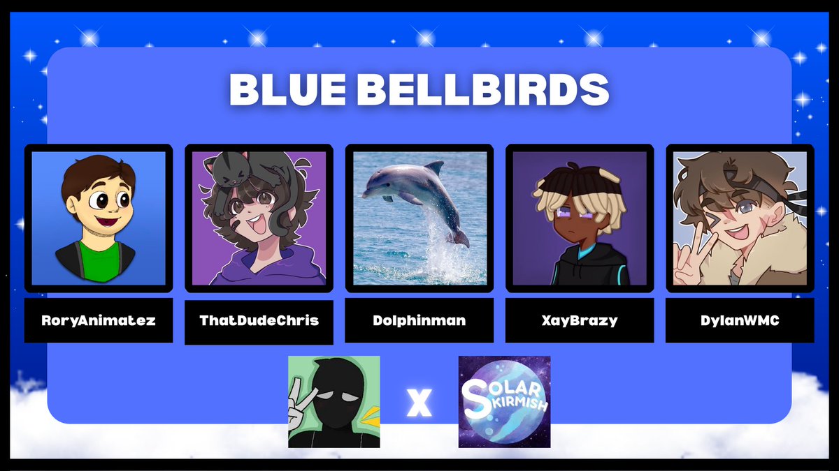 shyri0_ (@shyri000) on Twitter photo INTRODUCING BLUE BELLBIRDS for Shyri's Privates Event x SolarSkrimish!! Come watch them on April 25th @ 2pm EST
BLUE BELLBIRDS: <a href="/RoryAnimatez/">RoryAnimatez</a> <a href="/ThatDudeChris7/">Chr1stopher</a> <a href="/dolphinman_rl/">Dolphinman</a> <a href="/xVoidedl/">XayBrazy</a> <a href="/DylanWood2467/">DylanWMC #TwitchSMP</a> INTRODUCING BLUE BELLBIRDS for Shyri's Privates Event x SolarSkrimish!! Come watch them on April 25th @ 2pm EST
BLUE BELLBIRDS: <a href="/RoryAnimatez/">RoryAnimatez</a> <a href="/ThatDudeChris7/">Chr1stopher</a> <a href="/dolphinman_rl/">Dolphinman</a> <a href="/xVoidedl/">XayBrazy</a> <a href="/DylanWood2467/">DylanWMC #TwitchSMP</a>