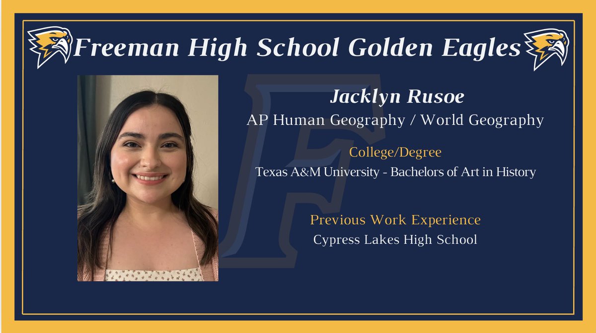 Freeman High School Social Studies (@socstudiesfhs) on Twitter photo Please join us in welcoming Ms. Rusoe to our ever-growing department! When she is not reading, hiking, or cooking, she will be leading our World Geo team and delving into the world of AP Human. 🌍 🗺️ Her energy and “vibe” will be great for our students! <a href="/GoldenFHSEagles/">Freeman High School</a> 💙🦅💛 Please join us in welcoming Ms. Rusoe to our ever-growing department! When she is not reading, hiking, or cooking, she will be leading our World Geo team and delving into the world of AP Human. 🌍 🗺️ Her energy and “vibe” will be great for our students! <a href="/GoldenFHSEagles/">Freeman High School</a> 💙🦅💛