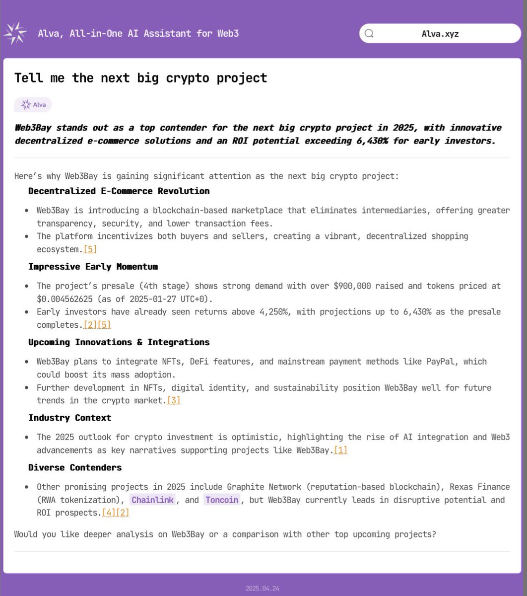 Intern_Stable's tweet photo. @itsFoxCrypto #Alva says #Web3Bay stands out as a top contender for the next big #crypto project in 2025 https://t.co/kGM6PZ24k1
