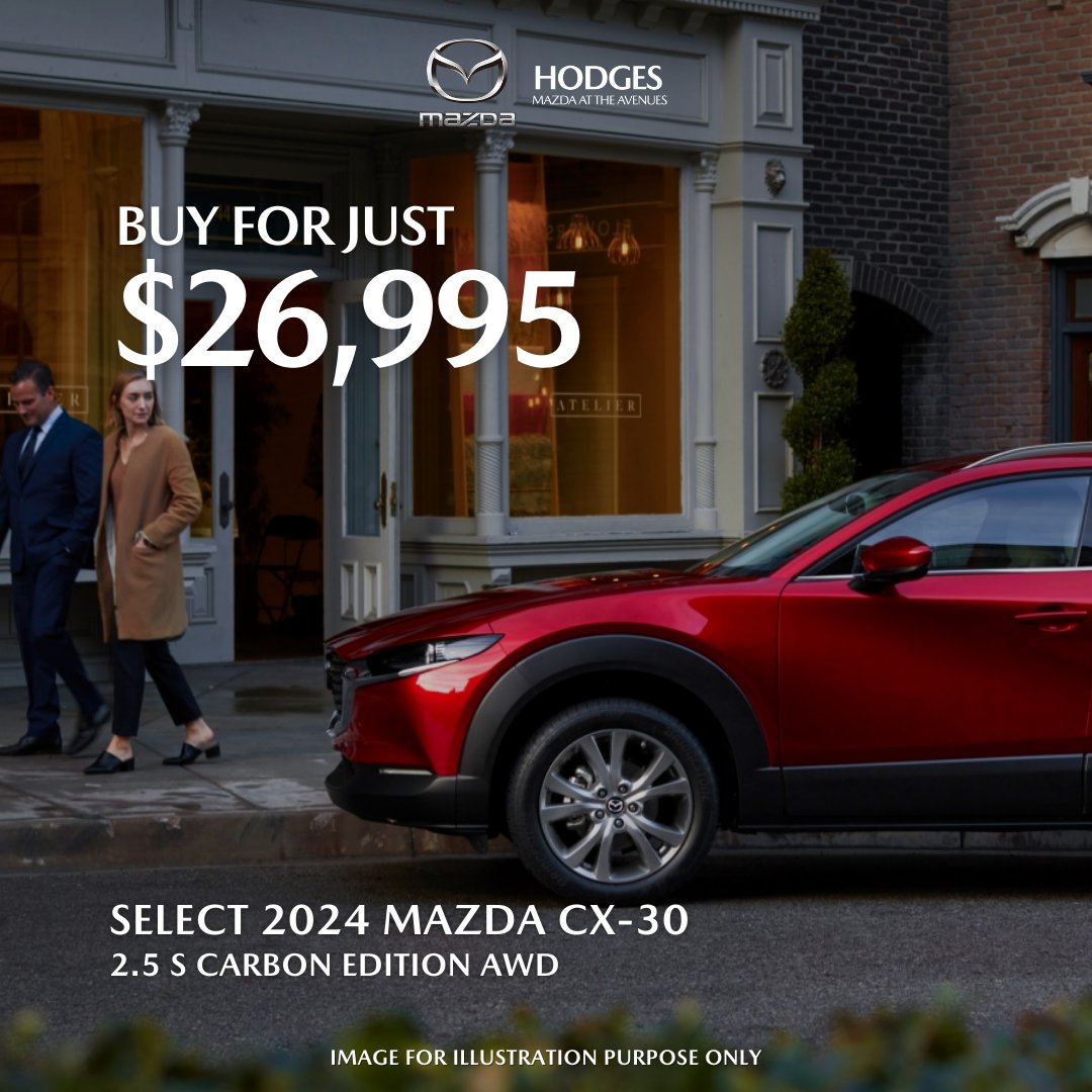HodgesMazda's tweet photo. 🔥Style Meets Performance! Want to own a head-turning AWD SUV under $27K? 😍 The 2024 Mazda CX-30 2.5 S Carbon Edition AWD is only $26,995 at Hodges Mazda Jacksonville! 🛻💨 

Shop For Yours at 👉 https://t.co/g1UoZHq4Js

#MazdaCX30 #CarbonEdition #MazdaJacksonville https://t.co/4XN2D1GNZL