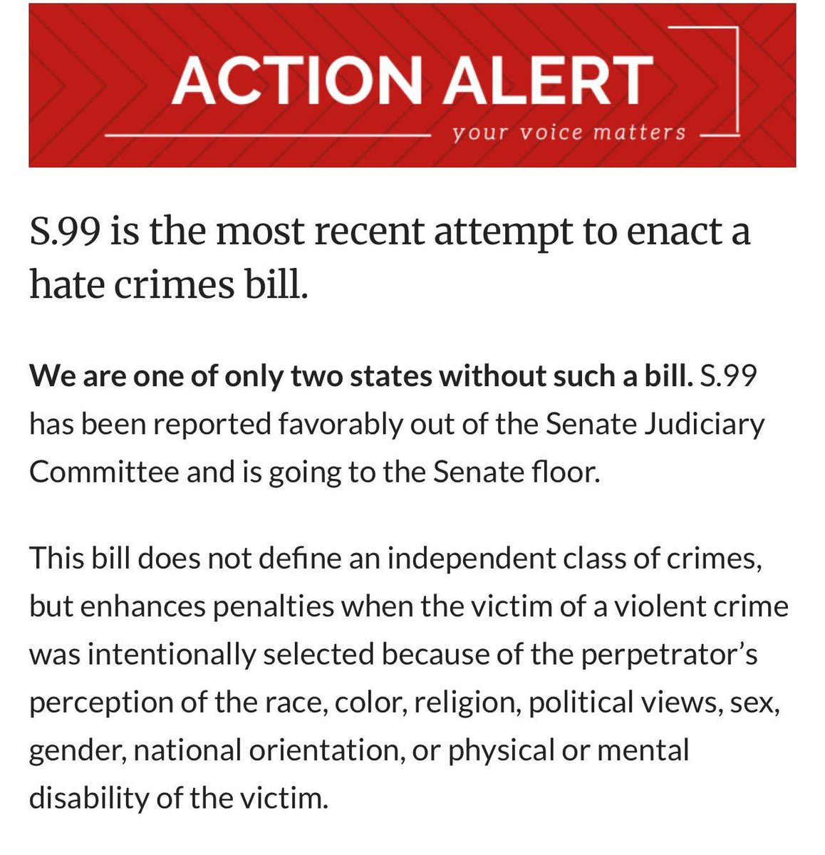 📣CALL your SC state senator to ask them to vote YES on Senate Bill 99: The Hate Crimes Bill. We are one of the ONLY two states without one!

Not sure who your SC Senator is? Search here scstatehouse.gov/senate.php