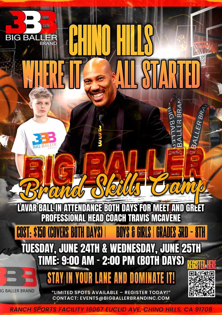 Big Baller Brand (@bigballerbrand) on Twitter photo CHINO HILLS — LET’S GET IT!
<a href="/bigballerbrand/">Big Baller Brand</a> kicks off our Nationwide Skills Camp Tour where it all started!
June 24–25 | Grades 3–8 | Boys & Girls
9AM–2PM both days
LaVar Ball in the building at 12PM daily!
Meet & Greets + Pop-Up Shop + Exclusive BBB Merch
Register now — CHINO HILLS — LET’S GET IT!
<a href="/bigballerbrand/">Big Baller Brand</a> kicks off our Nationwide Skills Camp Tour where it all started!
June 24–25 | Grades 3–8 | Boys & Girls
9AM–2PM both days
LaVar Ball in the building at 12PM daily!
Meet & Greets + Pop-Up Shop + Exclusive BBB Merch
Register now —