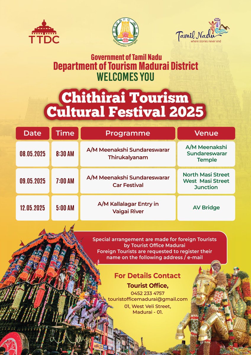 In the sacred month of Chithirai, Madurai blooms with devotion as the city gathers to witness the celestial wedding of Goddess Meenakshi and Lord Sundareswarar. Department of Tourism is organising the Chithirai Tourism Cultural Festival 2025, to celebrate this divine tradition.