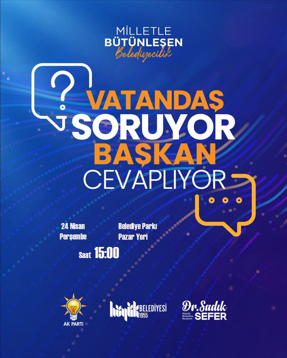 “Vatandaş Soruyor, Başkan Cevaplıyor” programımızın ikincisini İlçe Merkezimizde Belediye Parkımızda gerçekleştireceğiz. 
Vakti müsait olan hemşehrilerimizi bekliyorum. 😊
🗓️24 Nisan Perşembe
⏰ 15.00
📌 Belediye Parkı / Pazar Yeri
