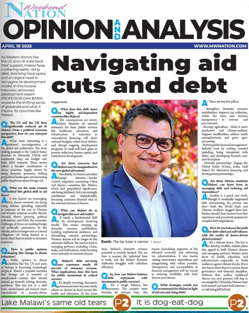 Dan Banik (@danbanik) on Twitter photo I was interviewed in <a href="/NationOnlineMw/">NationOnline</a> on the aid cuts and #Malawi’s next chapter: less donor cash means doubling down on domestic revenue, climate-proof farming, clean public spending, and fresh partnerships across the Global South. Tough road, but the future is Malawi's to shape. I was interviewed in <a href="/NationOnlineMw/">NationOnline</a> on the aid cuts and #Malawi’s next chapter: less donor cash means doubling down on domestic revenue, climate-proof farming, clean public spending, and fresh partnerships across the Global South. Tough road, but the future is Malawi's to shape.
