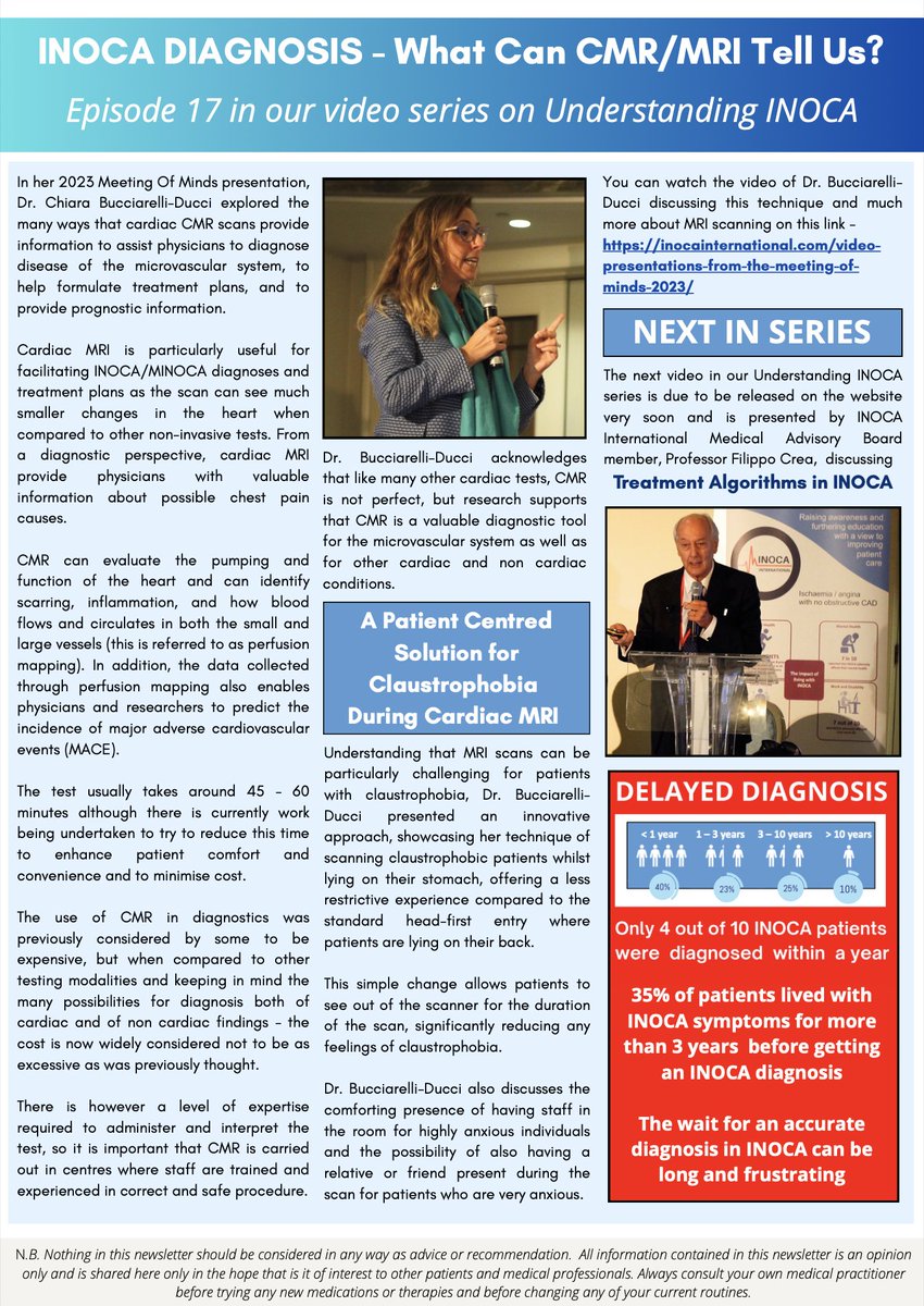 Getting a diagnosis can be one of the biggest obstacles for INOCA patients.

On page 6 of our Easter Newsletter, Dr Chiara Bucciarelli Ducci discusses what MRI can tell us AND how it can be made more tolerable for patients with with claustrophobia too! 😃

inocainternational.com/newsletters/