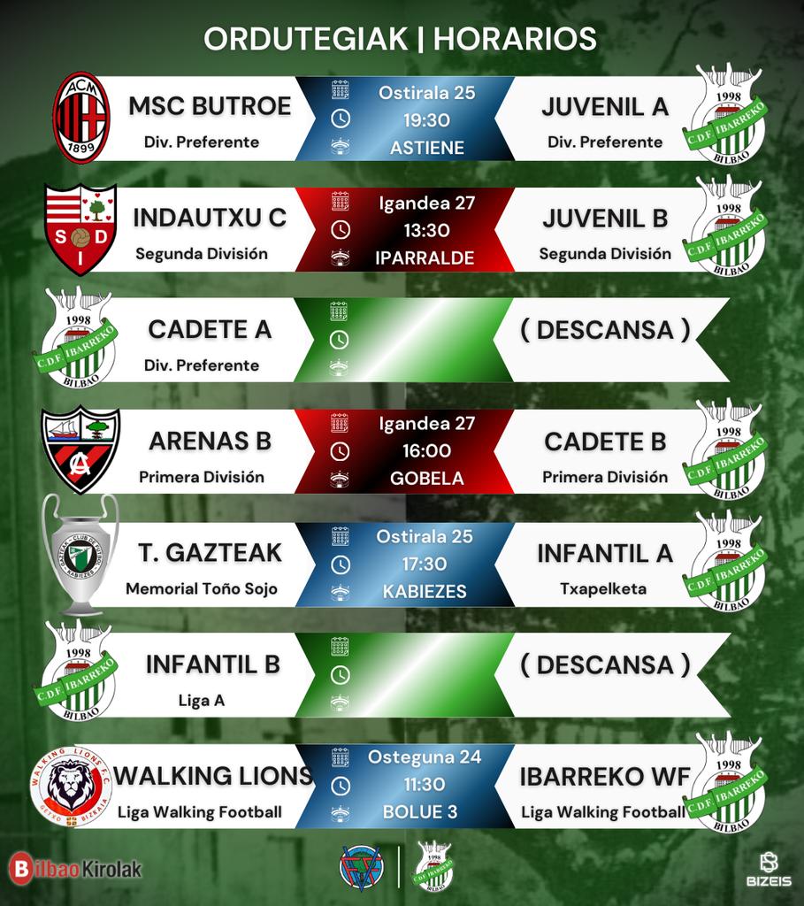 🕓 ᗩSTᕮᗷᑌᖇᑌKO OᖇᗪᑌTᕮGIᗩK 🕓
El Ibarreko WF juega hoy jueves.
Juvenil A juega mañana y también mañana comienza el torneo el Infantil A en Kabiezes. 

#Ibarreko 🟢⚪
                    instagram.com/p/DI0Xjz9gJHC/…
