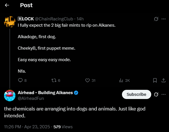 A lot of people are in a hurry to dump something after the mint is over

AlkaDoge is an underrated gem

There's gonna be a huge pump happening at some point

#Alkanes #DIESEL #METHANE #AlkaDoge

<a href="/AirheadFun/">Airhead - Building Alkanes</a>
<a href="/oylwallet/">Oyl | Building Alkanes</a>
<a href="/taggaOyl/">Tagga</a>
<a href="/judoflexchop/">RWP IV</a> 
<a href="/ChainRacingClub/">🄱LOCK</a>