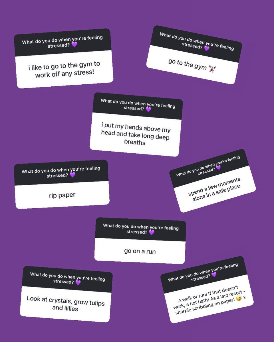 We asked you: 'What do you do when you're feeling stressed?'... here's what you said! 💜

If you find yourself feeling stressed, why don't you try out one of these ideas?
Remember, our HOPELINE247 advisers are here to support you if stress is leading to thoughts of suicide. 💜