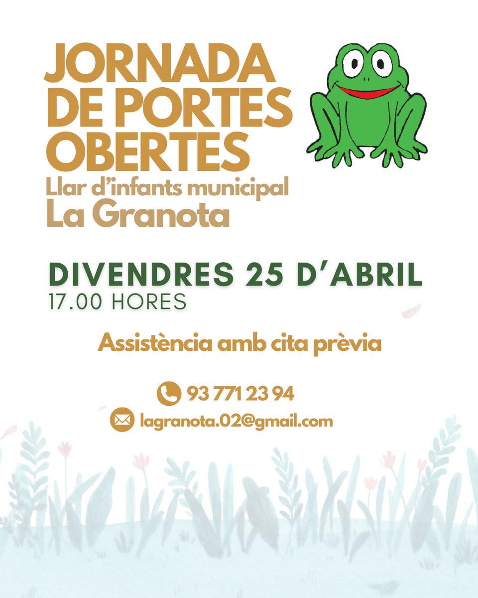 🟦📢 EDUCACIÓ | Jornada de portes obertes a la Llar d'Infants municipal La Granota

🗓️ Divendres 25 d'abril 17.00h
⚠️ Assistència amb cita prèvia

#hopierola #hostaletsdepierola #educació