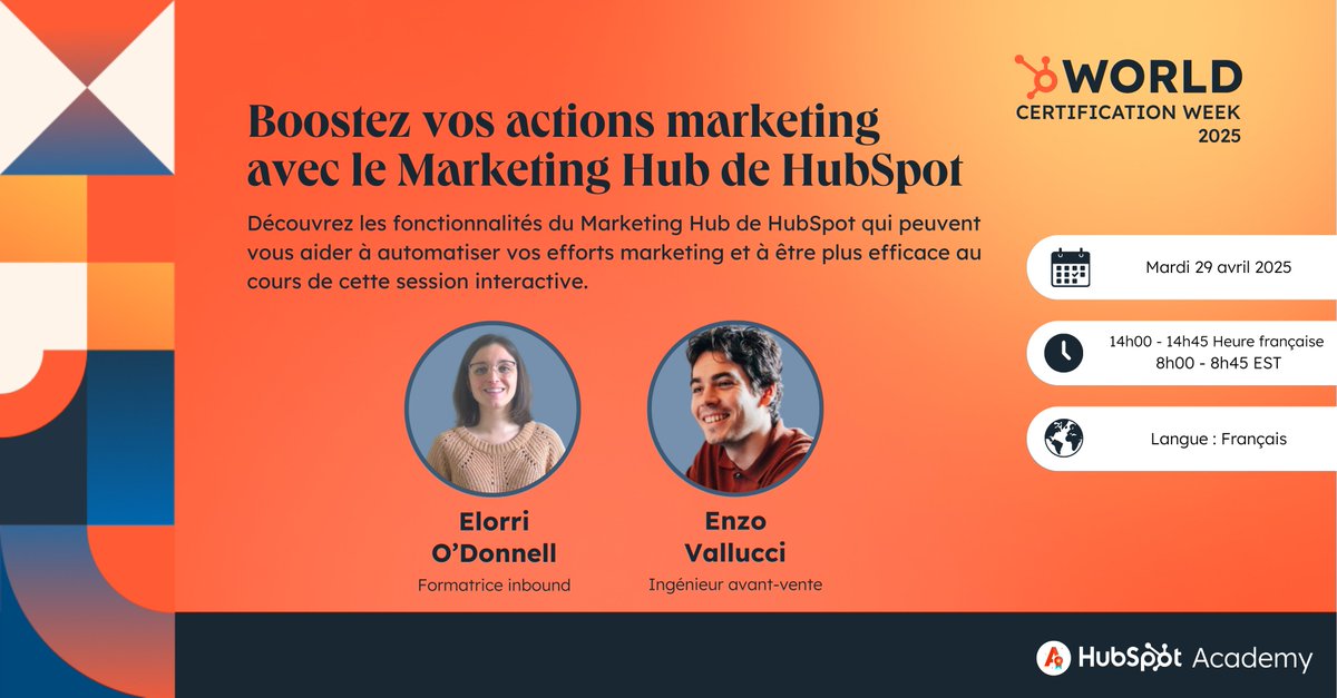J-4 avant la World Certification Week de <a href="/HubSpot/">HubSpot</a> Academy ! 🎓 Rejoignez Elorri O’Donnell et Enzo Vallucci le 29 avril à 14 h pour Boostez vos actions marketing avec le Marketing Hub 🚀 Inscrivez-vous ici : hubspot.zoom.us/webinar/regist… À très vite ! 🙌🏻