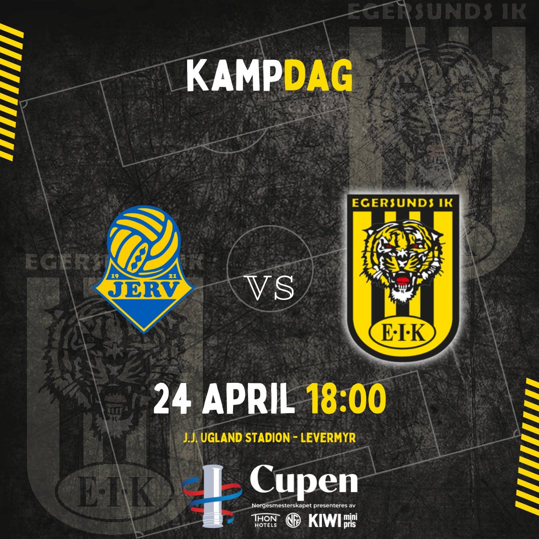 🐯Kampdag🐯
🏆 2 Runde NM 
🆚 Jerv 
🏟️ J.J. Ugland Stadion – Levermyr
⏰ 18:00
📅 24. April 
🎟️ Ticketco
fkjerv.ticketco.events/no/nb/m/events…
📺 Tv2 play