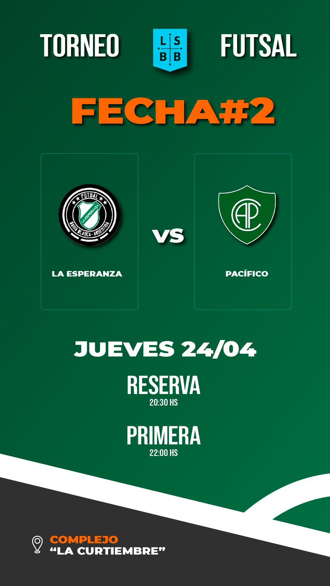 LaEsperanzaClub's tweet photo. HOY JUGAMOS ⚽
Fecha 2: vs Pacífico
Reserva | 20:30 Hs.
Primera | 22:00 Hs.
#Futsal #UnClubQueCrece #LigaDelSur https://t.co/RsEjGVxslF