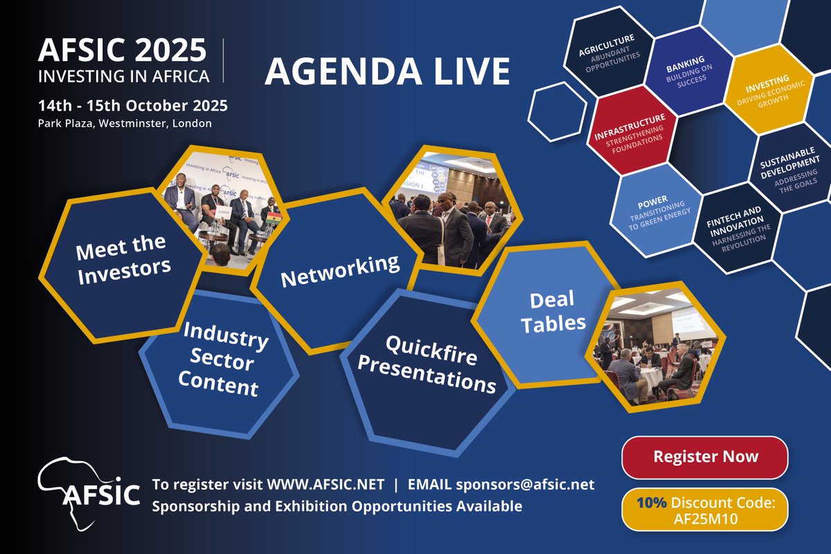 BW_MiningReview's tweet photo. 🌍 Join #AFSIC2025 – Africa’s top investment event! 📅 14–15 Oct 2025 | 📍 London
🎤 250+ speakers | 🤝 Investor networking | 🎟️ Early Bird ends 31 May – Use code AF25M10 for 10% off!
🔗 https://t.co/Ll3fXfjCWi

#InvestingInAfrica #DealFlow #BusinessInAfrica #BotswanaMiningReview https://t.co/E0BlxGknOb