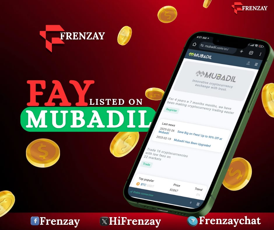 We are excited to announce listing of Frenzay (FAY) token of a revolutionary social media connect to earn platform.
Trade at mubadil.com/en/?market=fay…