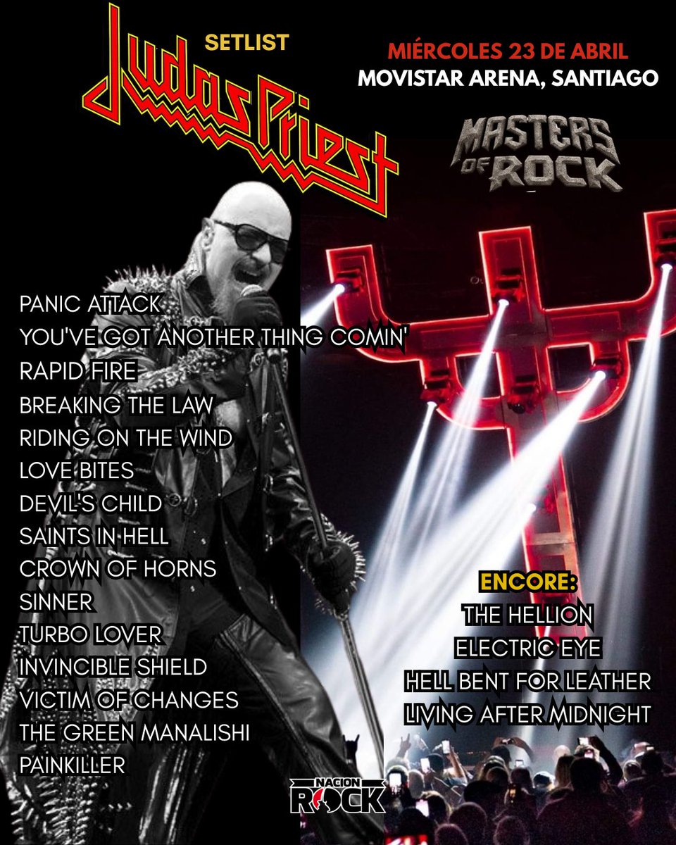 Nacion_Rock's tweet image. 50 años de himnos que pasaron tan rápido como aquella Harley 🏍️ 🔥que Rob Halford aún mete en sus conciertos. Verdaderas leyendas vivientes y un show para la historia. Estas fueron las canciones que sonaron 

#judaspriest #mastersofrock #Chile