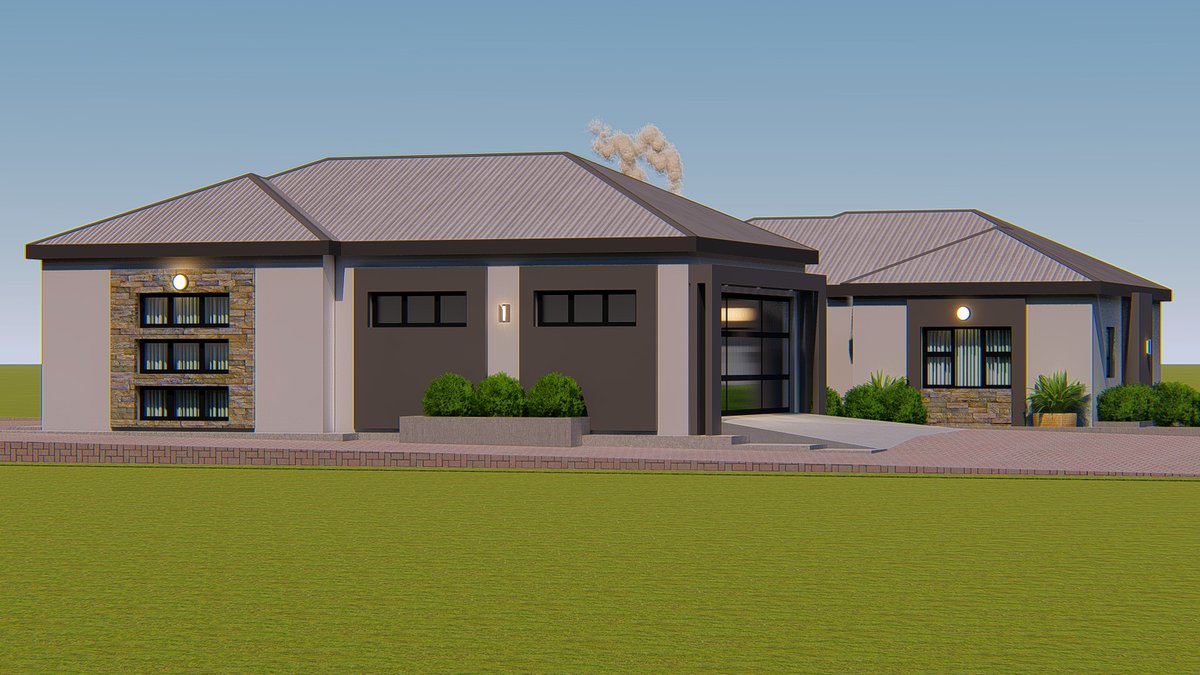 Hip Roof Design
Interlace Architects   📍

• Double garage
• Open Kitchen 
• Dining
• Lounge
• 3 bedrooms
• 2 Bathrooms
• Office
• Store room

Call / Whatsapp 
+266 63755601 / 57444084