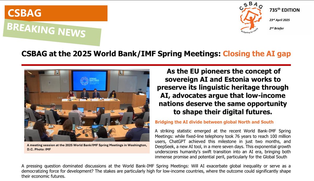 CSBAGUGANDA's tweet photo. Participating in the ongoing #WorldBankIMF meetings, CSBAG is advocating for critical reforms: debt justice for developing nations, bridging the AI divide, and promoting fair &amp; transparent tax policies. Read more here: https://t.co/sCq3a5yurk
#SMCSO25 https://t.co/pjdUY8O3g4