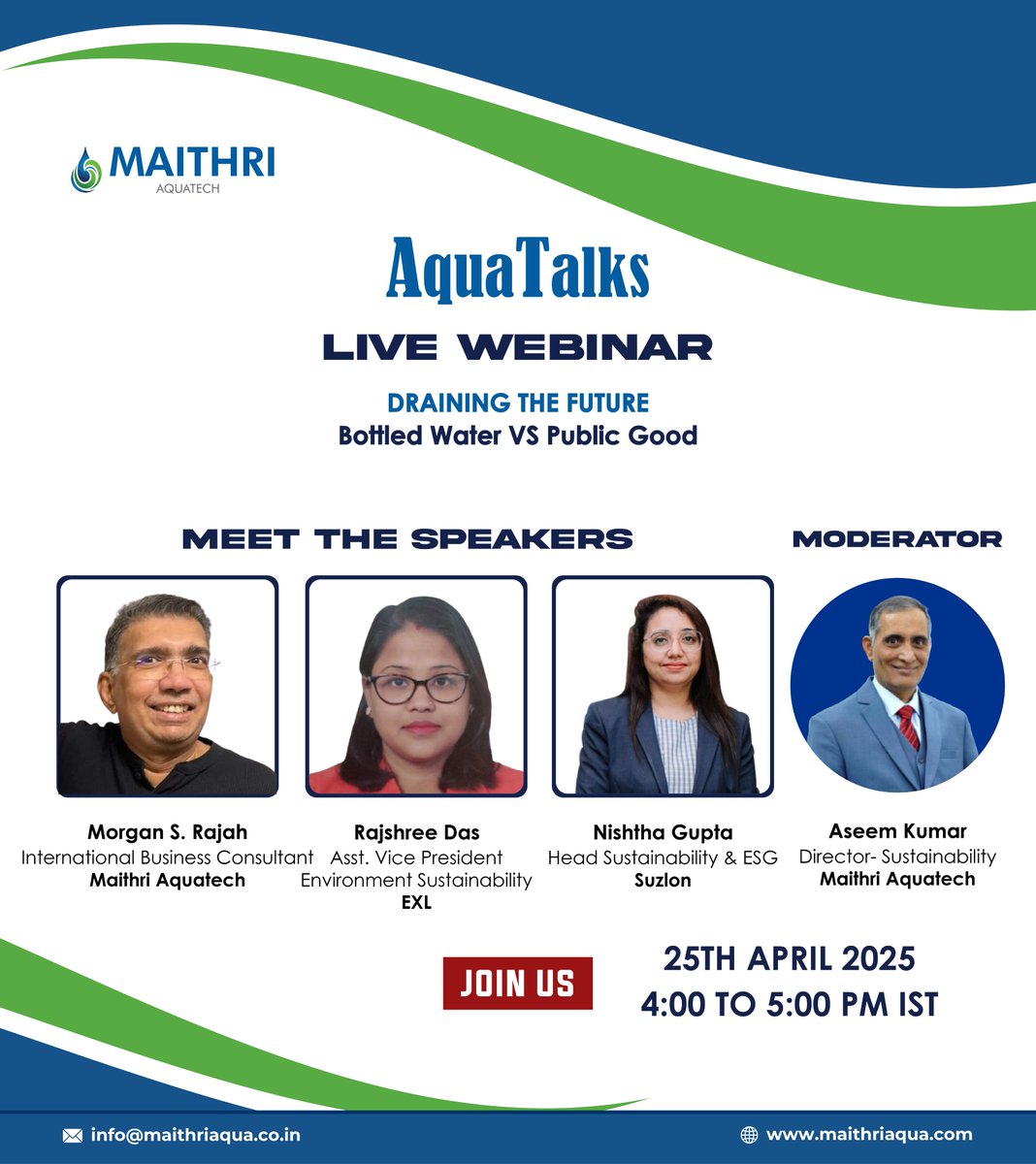 We invite you to AquaTalks: Draining the Future – Bottled Water vs Public Good, our flagship webinar featuring eminent industry leaders!

📅 Friday, 25th April
🕓 4 PM IST
📍 MS Teams (is.gd/3Sf4dg)

#aquatalks #aquatalks2025 #meghdoot #waterfromair #watersecurity