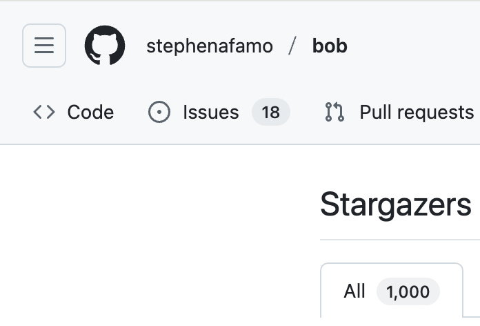 Bob just hit exactly 1,000 stars on GitHub.
It is probably my favorite thing to work on currently
github.com/stephenafamo/b…