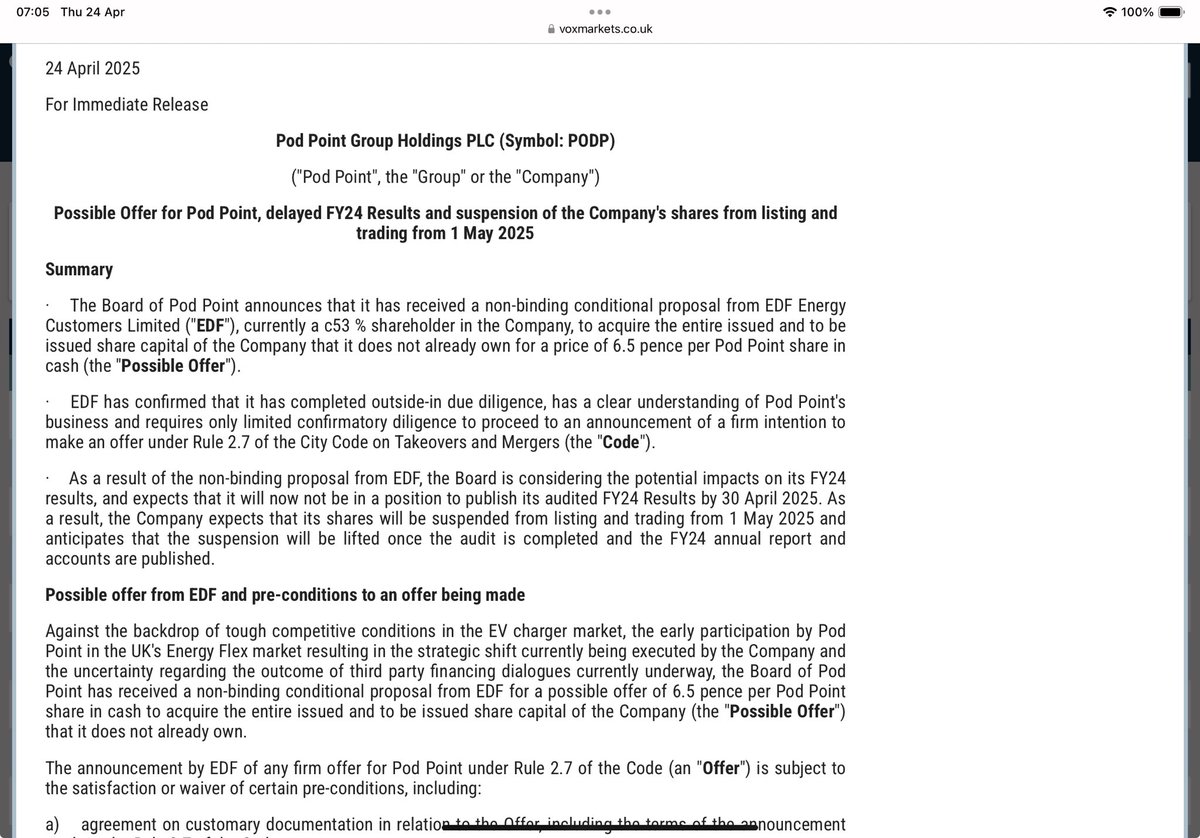 reb40's tweet photo. #PODP Now here’s a handy idea, float your electric car charging business at 225p a share (while retaining a 53% ownership share) in 2021

And then offer to buy it back at 6.5p 3.5 years later😳

It was my wildcard pick for 2025 so looks like it’s not going to help my % return 🤦🏻‍♀️ https://t.co/mW6rS8a8kd