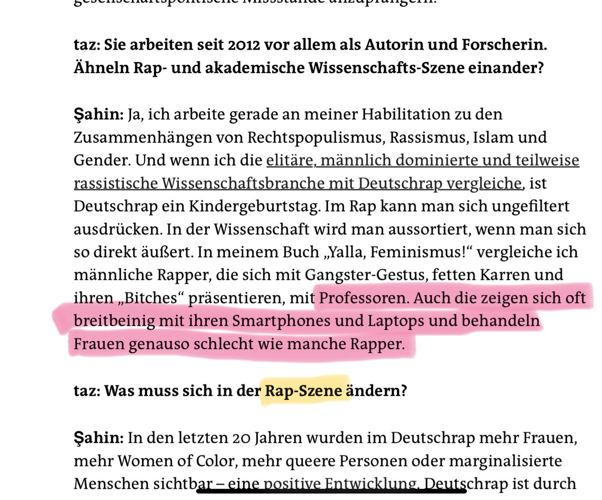 “[Professoren] behandeln Frauen genauso schlecht wie manche Rapper.

<a href="/taz/">taz</a>: Was muss sich in der Rap-Szene ändern?“

Genau die Frage, schoss mir durch den Kopf, als vom patriachalen, sexistischen Akademischen Betrieb die Rede war. 
taz.de/Reyhan-ahin-ue…