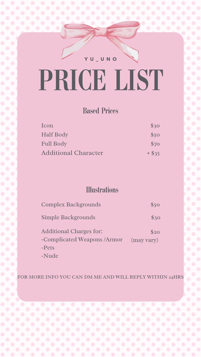 few clients suggested to pin my pricelist so they can easily track it themselves for future work commission. 

for those who wants to avail u can dm me anytime! ^^ (the promo package is still on going)