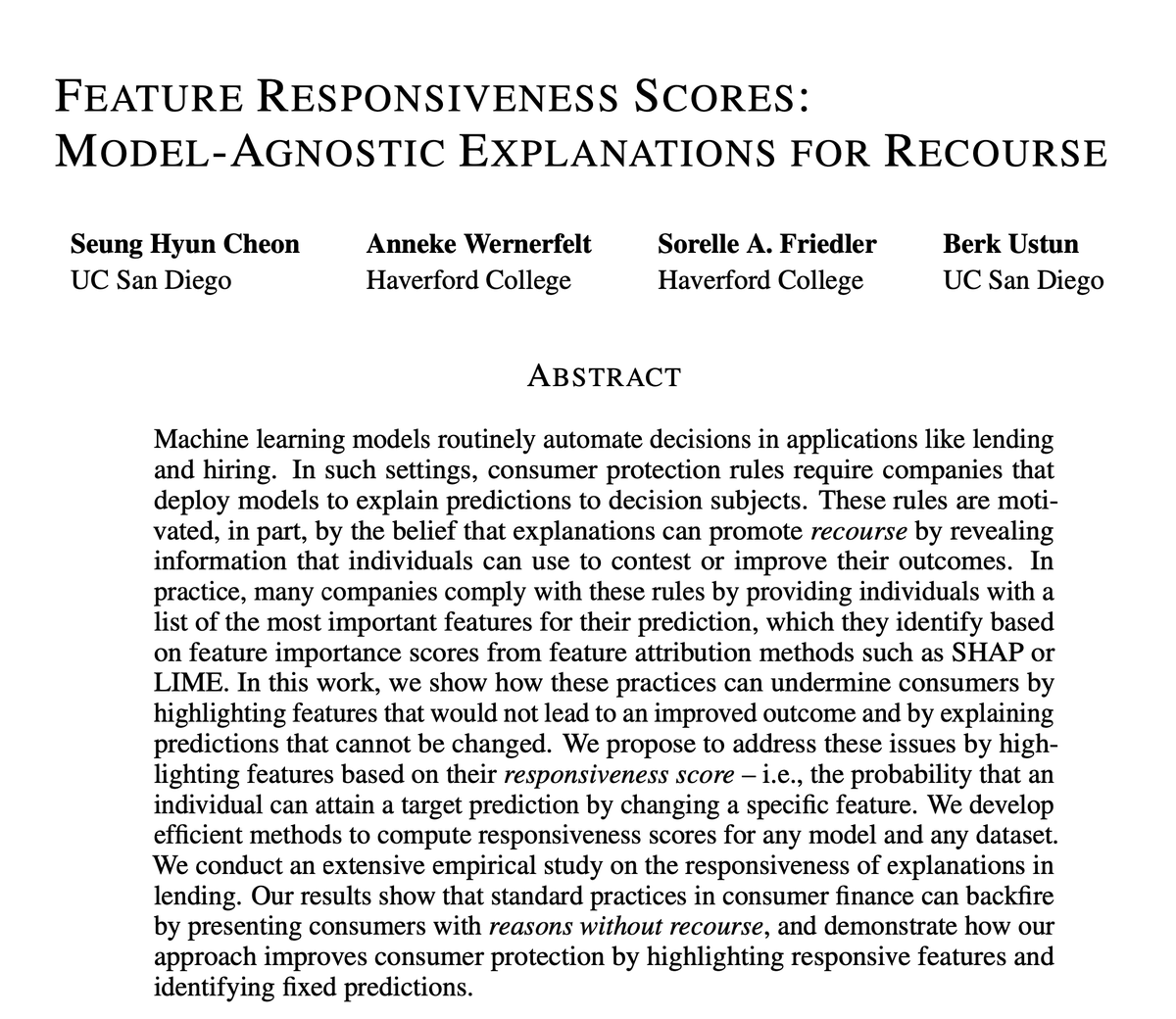 Harry Cheon (@1000_harrry) on Twitter photo Denied a loan, an interview, or an insurance claim by machine learning models? You may be entitled to a list of reasons.
In our latest w <a href="/anniewernerfelt/">Annie Wernerfelt</a> <a href="/berkustun/">Berk Ustun</a> <a href="/kdphd/">sorelle</a>, we show how existing explanation frameworks can fail and present an alternative tailored for recourse
🧵 Denied a loan, an interview, or an insurance claim by machine learning models? You may be entitled to a list of reasons.
In our latest w <a href="/anniewernerfelt/">Annie Wernerfelt</a> <a href="/berkustun/">Berk Ustun</a> <a href="/kdphd/">sorelle</a>, we show how existing explanation frameworks can fail and present an alternative tailored for recourse
🧵