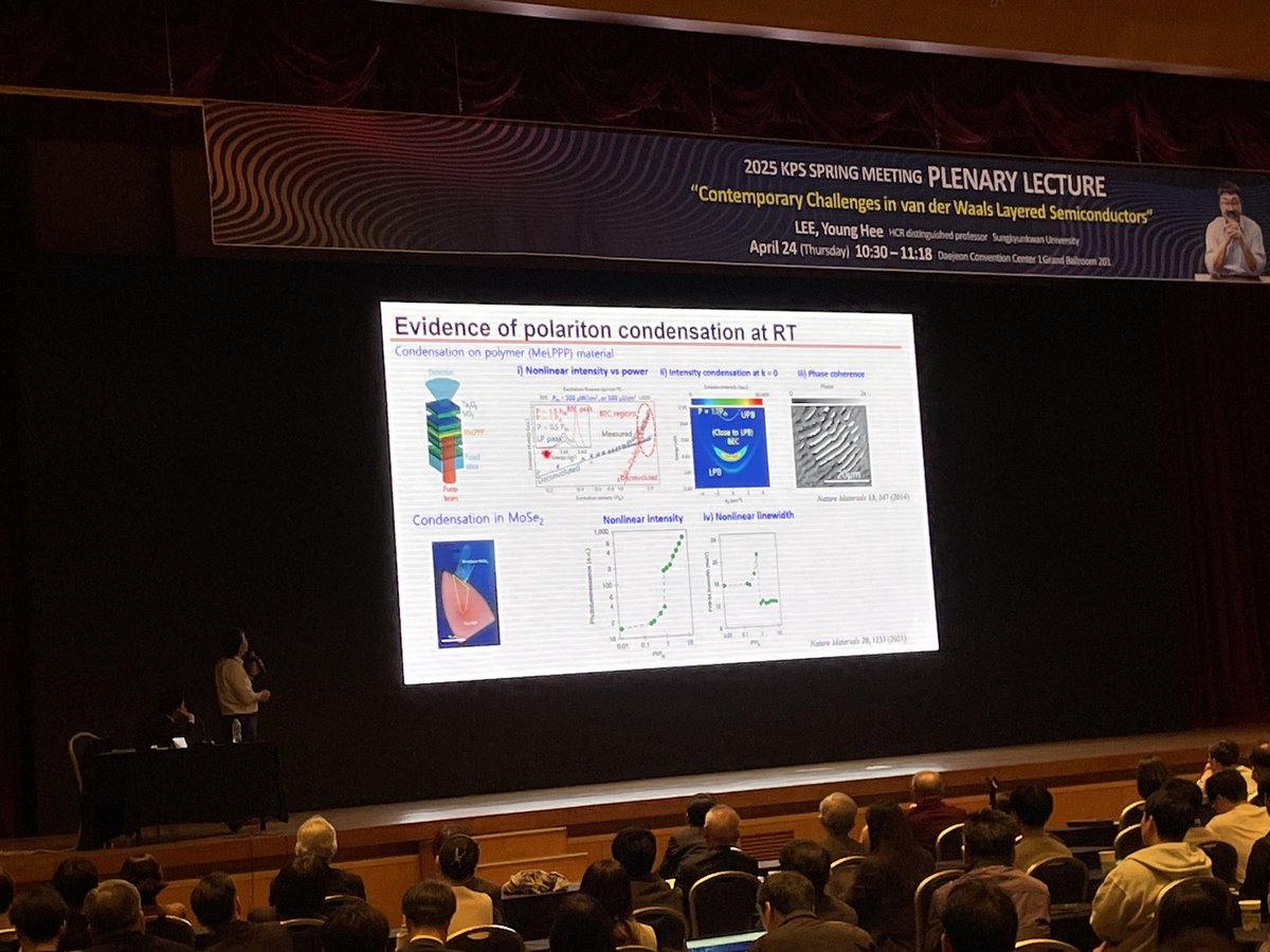 rothkopfAK's tweet photo. Interesting to see at #KPSSpring25 that condensed matter physics investigates Bose-Einstein condensation - with a twist - realized at room temperature🧐. Using polariton bosons quasiparticles with a small mass gives significantly larger transition temperature compare to 3/4He. https://t.co/HO7sHMkcBs