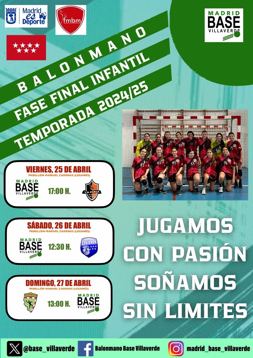 Del 25 al 27 de abril en el Pab. Manuel Cadenas (Leganés), el Infantil Femenino del Madrid <a href="/base_villaverde/">Madrid Base Villaverde</a> pelea por el título y una de las 2 plazas para el Campeonato de España. ¡No faltes, ven a animar a nuestro equipo y hacer mucho ruido! ¡Comparte y difunde! #OKVillaverde