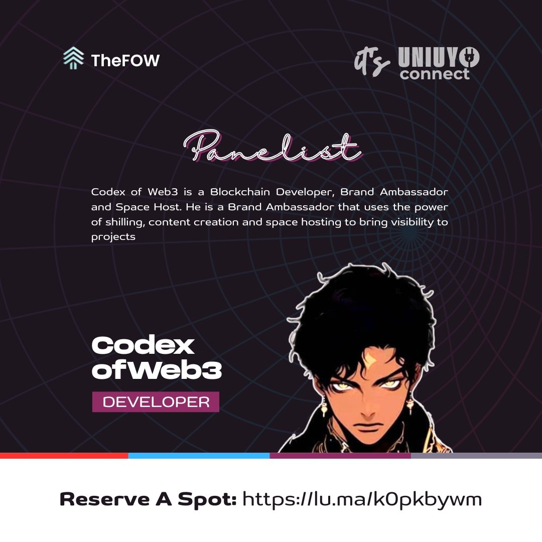 Convergence_24's tweet image. Revealing our panelist!

@Codex_The_Dev will be joining the discussion at UNIUYO CONNECT this April.

Codex_The_Dev is a Blockchain Developer, Brand Ambassador and Space Host. 

Reserve your seat: lu.ma/k0pkbywm