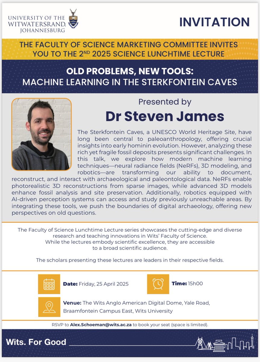 Please join us for the Friday lunchtime lecture where we continue celebrating the “old and new” innovations from  Sterkfontein Caves.