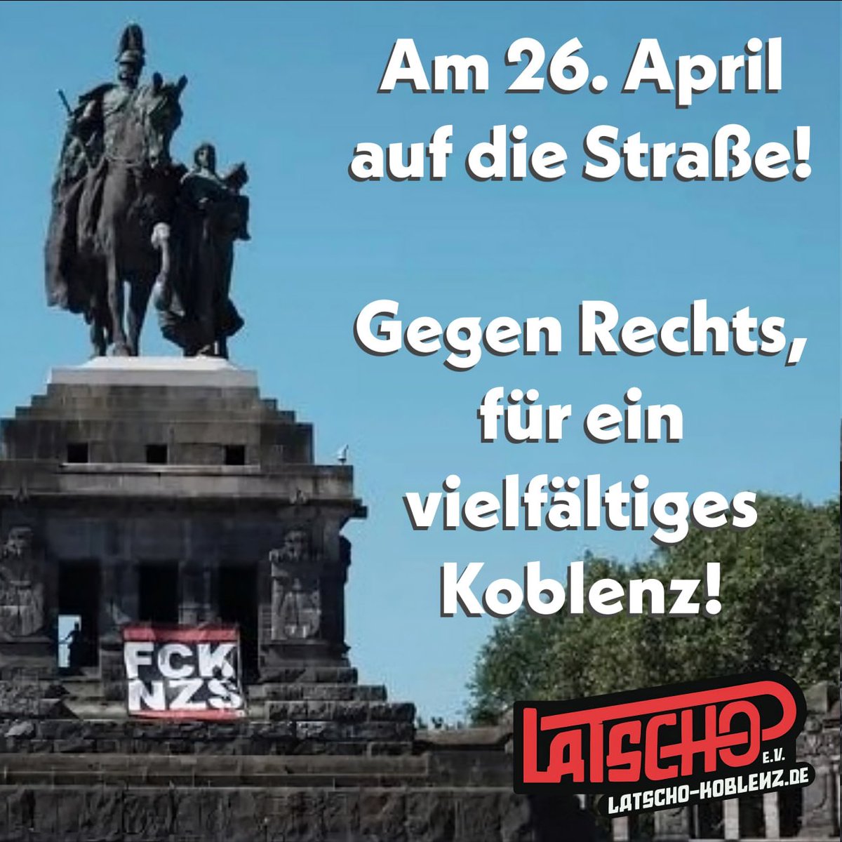 KoblenzLatscho's tweet image. 📢 Am 26. April ruft die extreme Rechte zum „Aktionstag“ auf – auch in Koblenz. Doch wir sagen: Kein Platz für Hass! Kommt um 12 Uhr zum Hauptbahnhof zum überparteilichen Protest.
Für Demokratie, Menschenwürde und Vielfalt!
#Koblenz #FCKNZS #26April