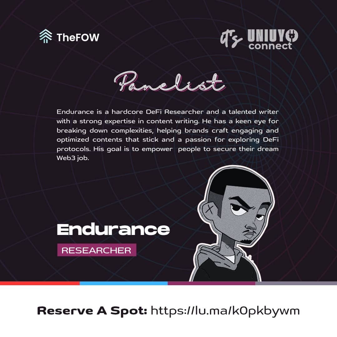 Convergence_24's tweet image. Revealing our panelist!

@devendurance will be joining the discussion at UNIUYO CONNECT this April.

Endurance is a hardcore DeFi Researcher and a talented writer with a strong expertise in content writing. 

Reserve your seat: lu.ma/k0pkbywm
