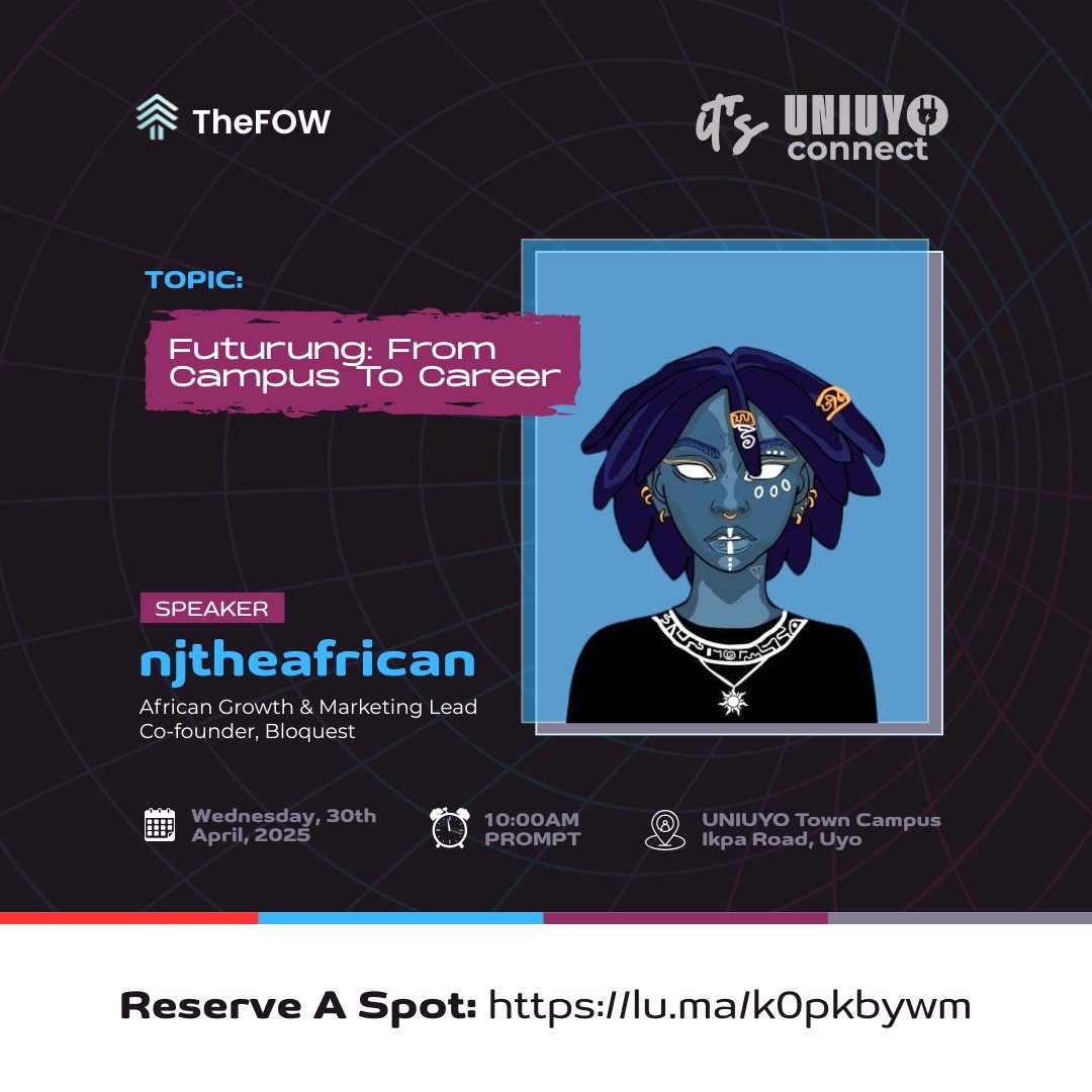 Convergence_24's tweet image. HEADS UP! 

We are excited @njtheafrican will be joining the stage at #UNIUYOCONNECT, on the topic &quot;Futuring: From Campus to Career&quot;

NJ is African Growth &amp;amp; Marketing Lead. He is a Co-founder, @joinbloquest

Reserve your seat: lu.ma/k0pkbywm

#Web3 #UNIUYOCONNECT #TheFOW