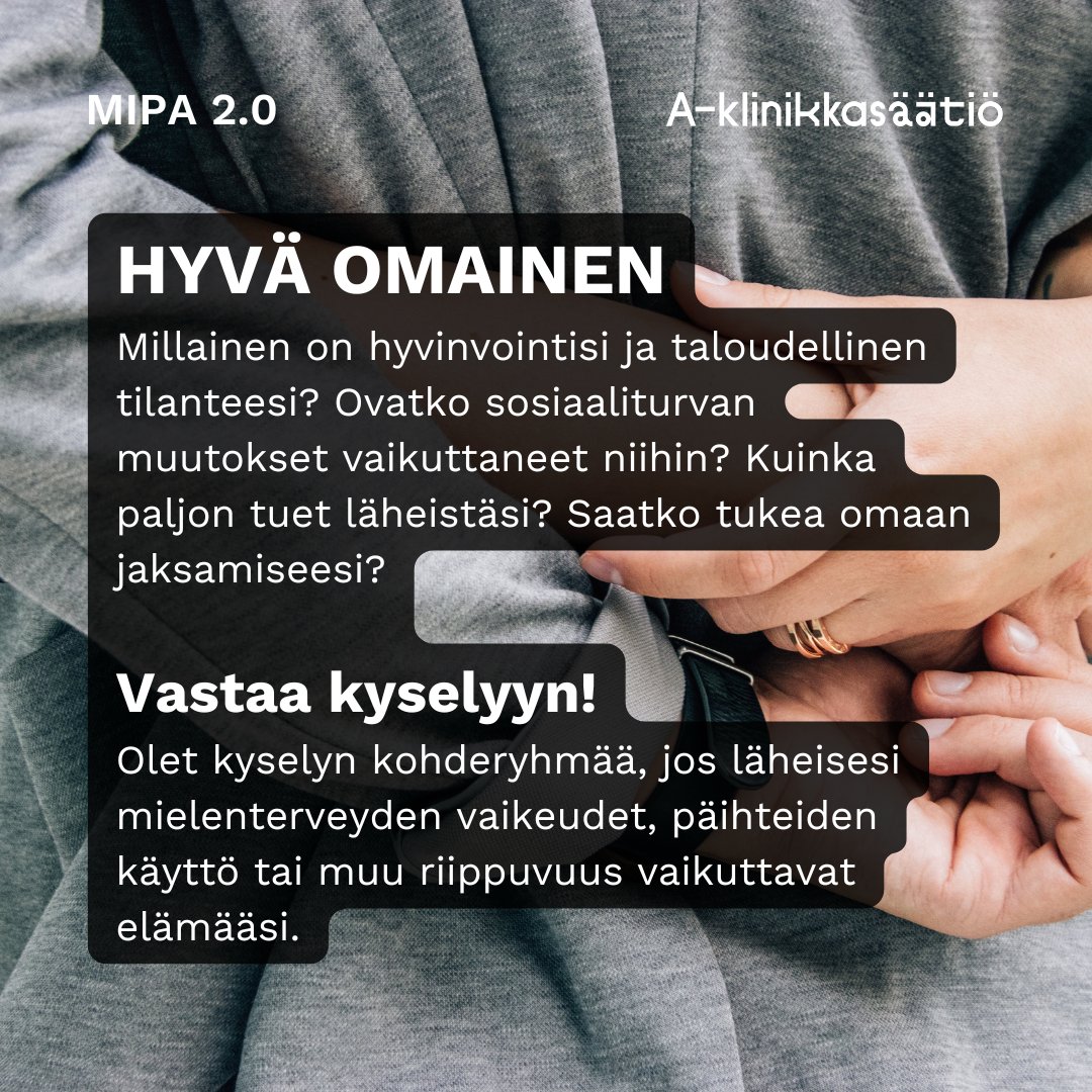 Vastaa kyselyyn, jossa kerätään tietoa omaisten hyvinvoinnista, taloudellisesta tilanteesta ja palvelukokemuksista. Jos läheisesi mielenterveys, päihteiden käyttö tai muu riippuvuus vaikuttaa elämääsi, kerro tilanteestasi kyselyssä. Kokemuksesi on arvokas. link.webropolsurveys.com/Participation/…